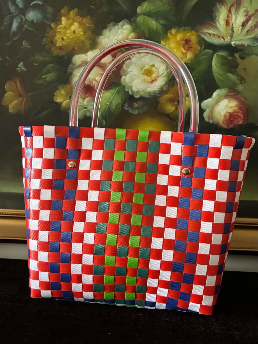 NWOT Elegant Handmade Woven Plastic Tote bag Shopping bag Red White Green Blue